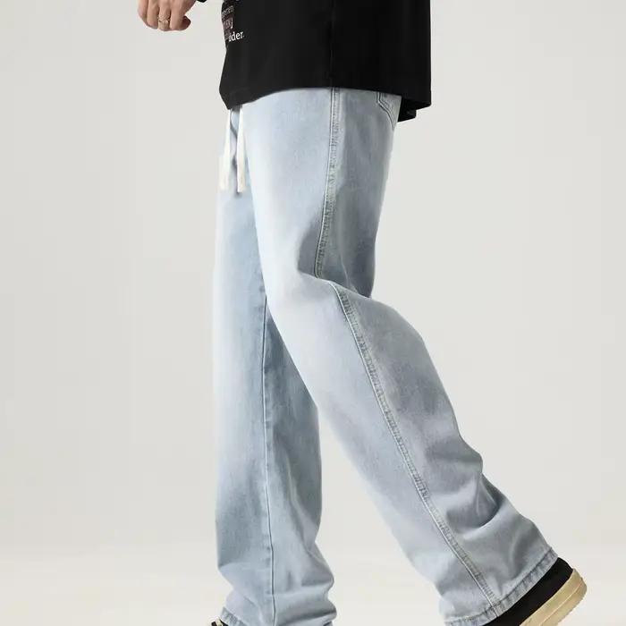 Jean décontracté pour homme, bleu clair, taille élastique avec cordon de serrage, coupe ample, polyv