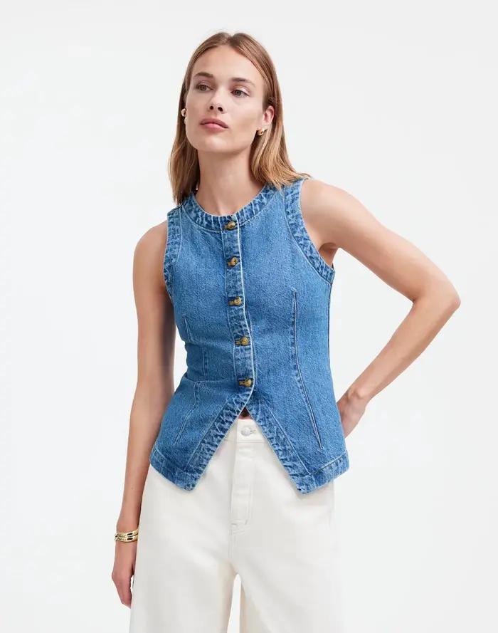 Gilet en Denim sans manches pour femmes, coupe cintrée, col rond, Design bleu foncé, mode, pièce d'e