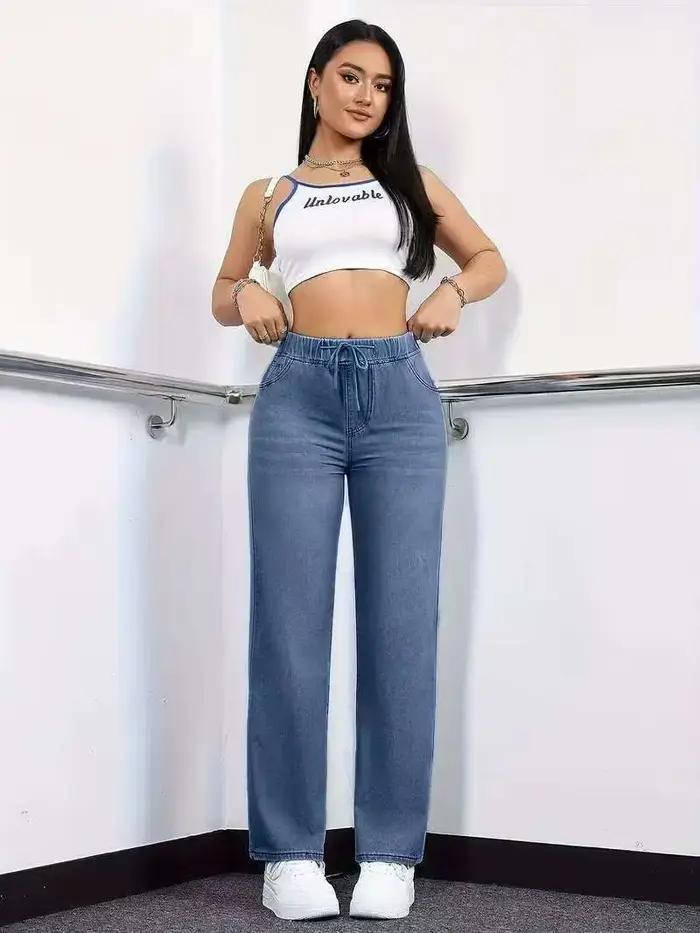 Jeans droits pour femmes, taille élastique avec cordon de serrage, coupe confortable, denim extensib