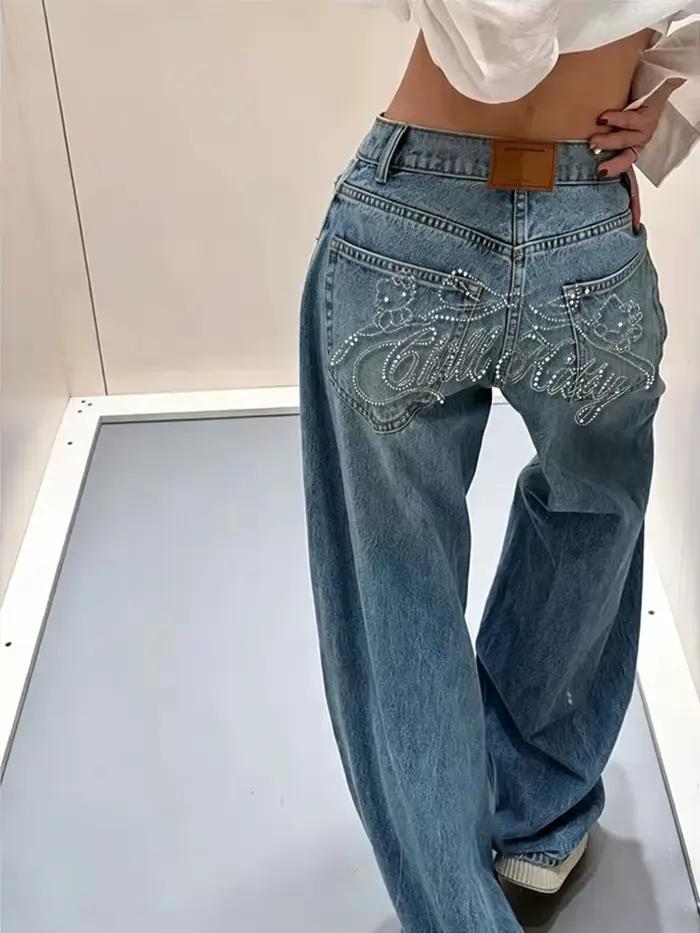 Jean dégradé bleu printemps 2025 pour femme, style Y2K rétro, niche, haut de gamme, avec lettres cla