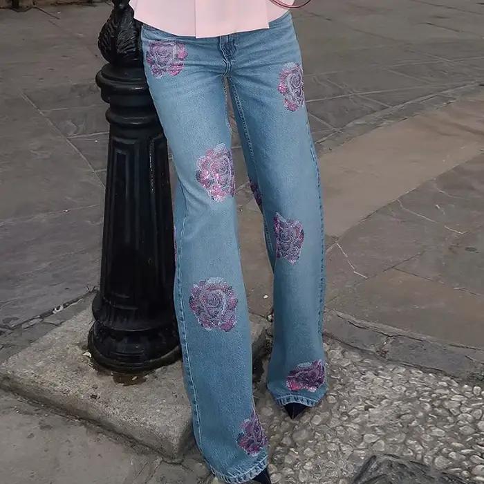 Jean rétro en Denim pour femmes, motif Floral, strass, mode, taille haute, droit, nouveau Design, St