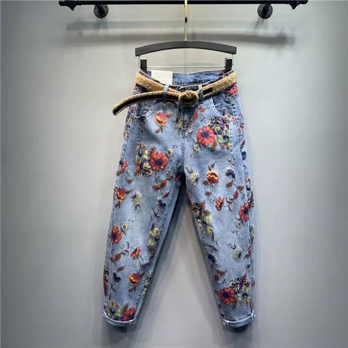 Jean en Denim à Imprimé Floral pour Femme, Pantalon Taille Haute, Style Sarouel, Nouvelle Collection