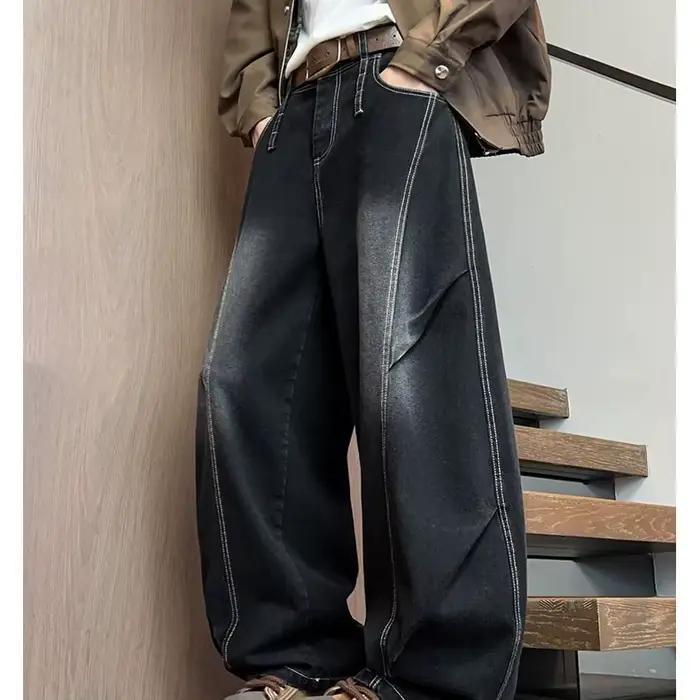 Nouveau jean japonais rétro délavé vintage pour hommes et femmes, coupe droite ample, jambe large, p