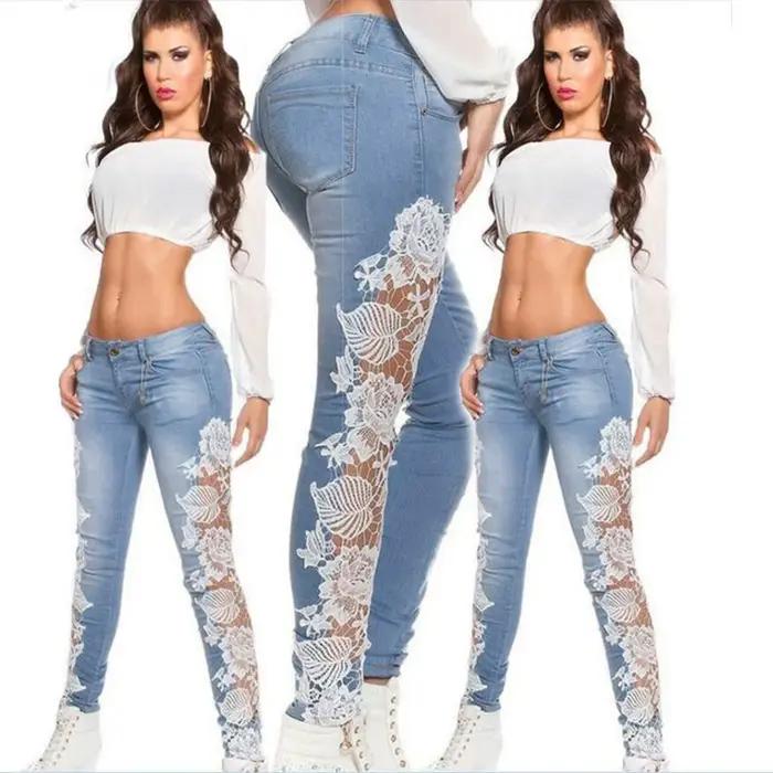 Jean en denim pour femme, taille haute, coupe slim, sexy, avec découpes, appliques florales et patch