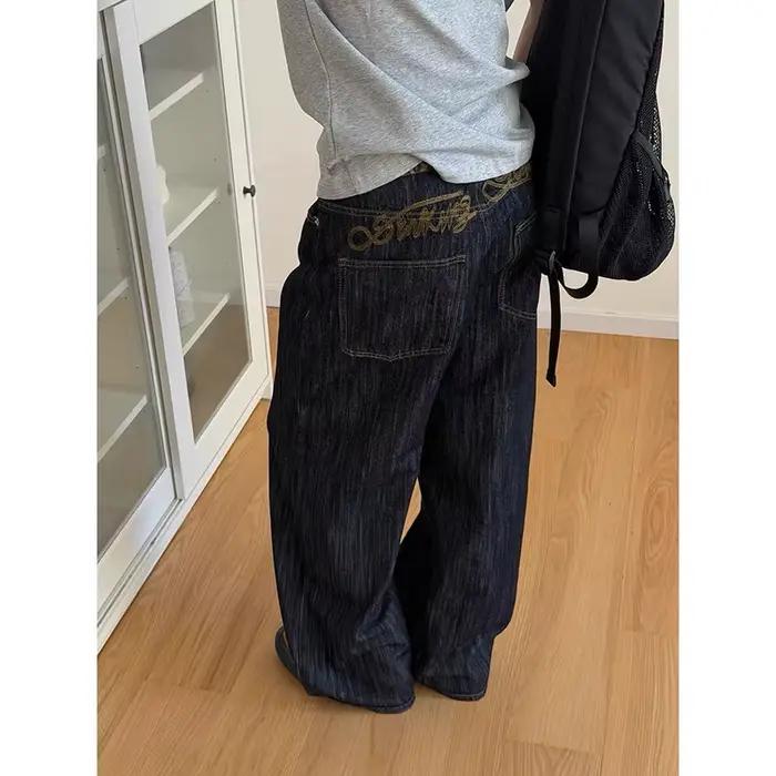 YIBASHU – Jean baggy noir Y2K pour femme, brodé, style Japandi, vintage, coupe oversize, pantalon en