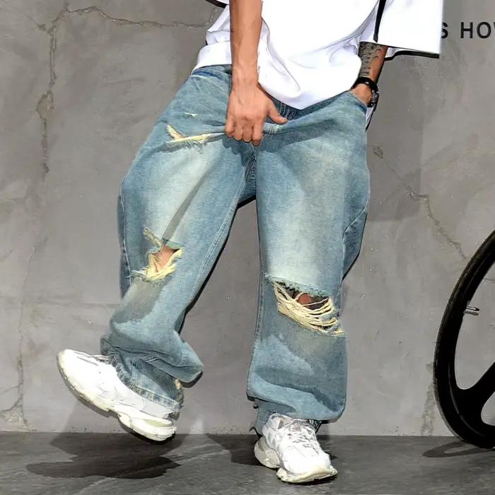 Jeans déchirés bleu clair pour hommes, pantalons en denim de planche à roulettes Kpop, jeans baggy H