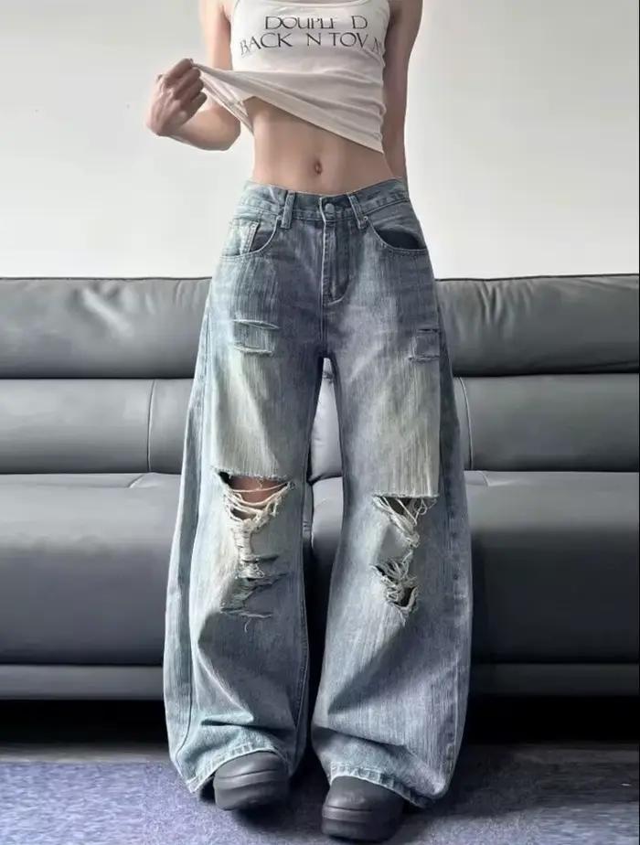 Jean bleu déchiré taille haute pour femmes, Streetwear américain Vintage Y2K, jambes larges, pantalo