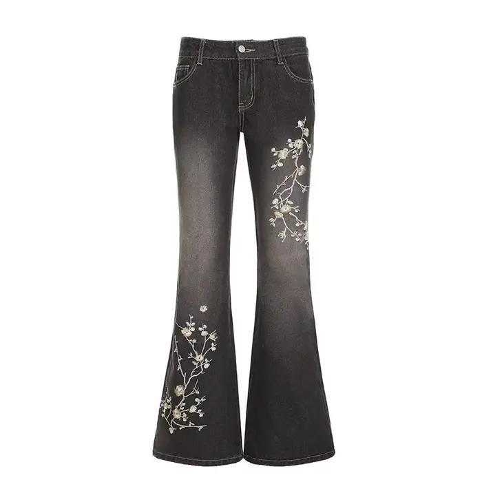 Jean évasé taille basse pour femmes, broderie florale, Vintage des années 2000, rétro Y2k, Baggy, pa
