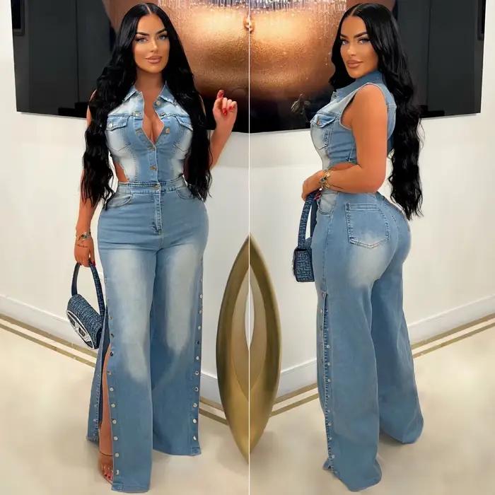Combinaisons en denim pour femmes, une pièce, col rabattu, salopette, gaine, sexy, droite, longue, p