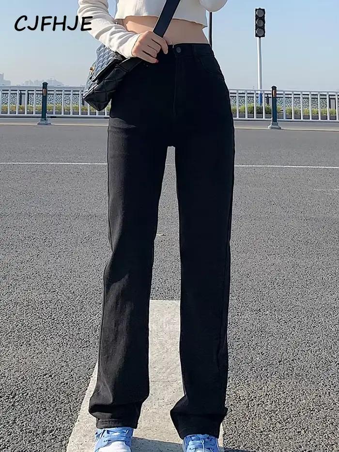 CJFHJE-Jean droit taille haute pour femme, pantalon en denim pleine longueur, jean boyfriend classiq
