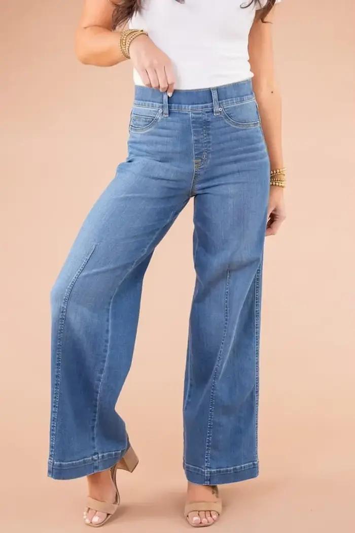 Jean à jambes larges sur le devant, couture personnalisable, jambe droite, élégant, extensible, tail