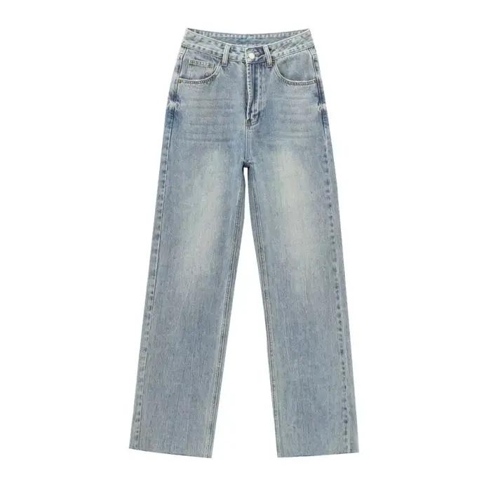 ETJ jean taille haute à jambes larges femme classique tout avec cinq poches lavé doux confortable je