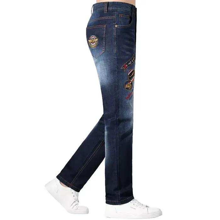 Jean brodé pour hommes, pantalon taille moyenne, Bruce & Shark, jambe droite, fin, en coton extensib
