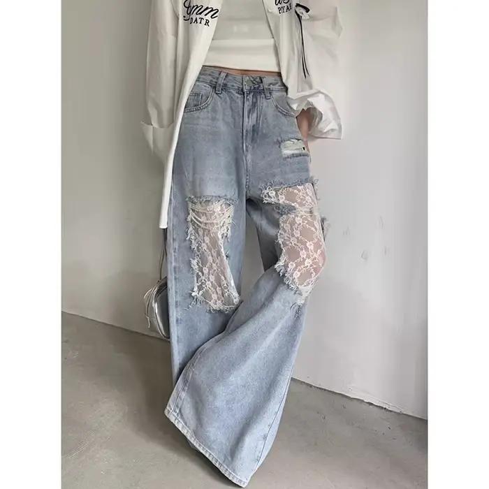 Dentelle déchirée américaine rétro Y2K années 2000 épissée ​ ​ Jean femme ample jambes larges 2025 S