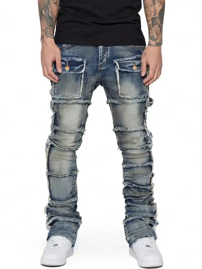 2025 nouveaux hommes déchiré empilés jean en détresse coupe ajustée maigre jambe droite jean mode Hi