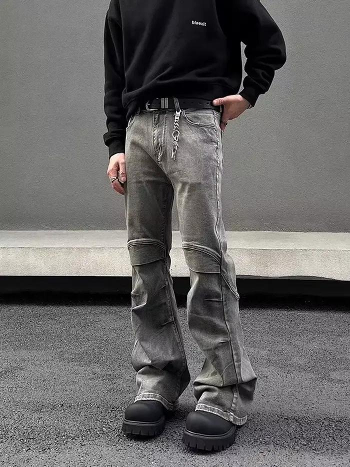 2026 Ropa Y2K Streetwear Vintage Grey Pleated Flare Jeans Pants For Men Designer Clothes Old Harajuk