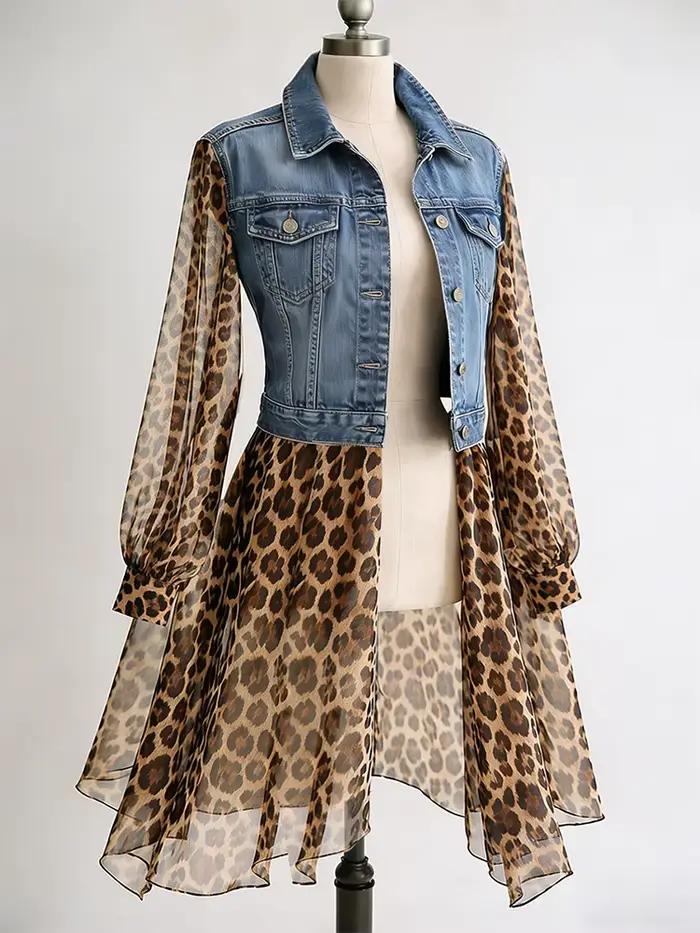 Veste en jean pour femme à imprimé léopard et empiècements en tulle, col rabattu, manches longues tr