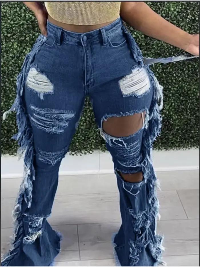 Pantalon Déchiré à Poches Bleues pour Femme, Jeans de Rue Hip-hop, Sexy, FJFashion, Automne, Astrono