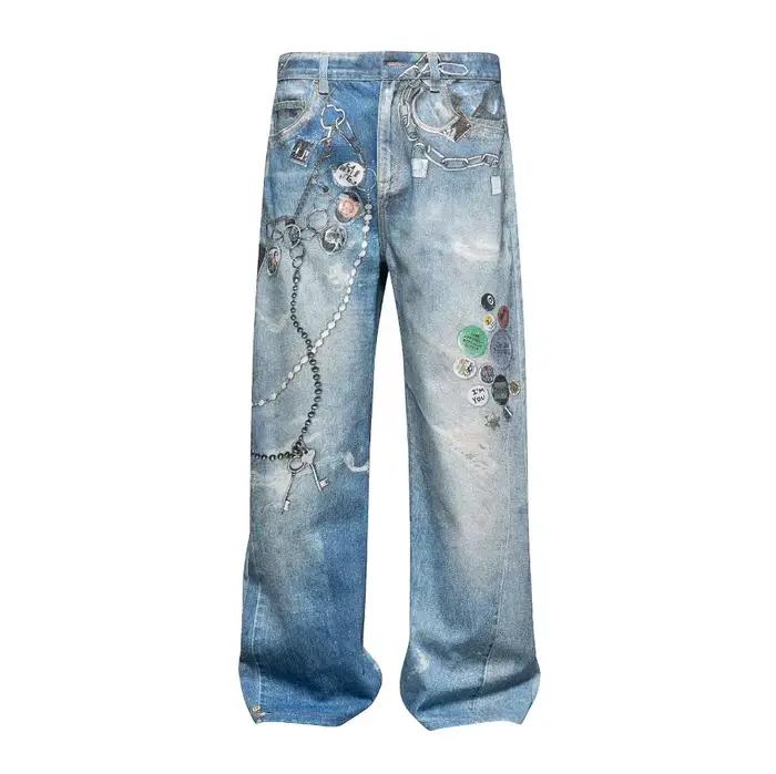 Jean en Denim avec chaîne imprimée numérique 3D, pantalon Long américain rétro délavé, ample, jambe 