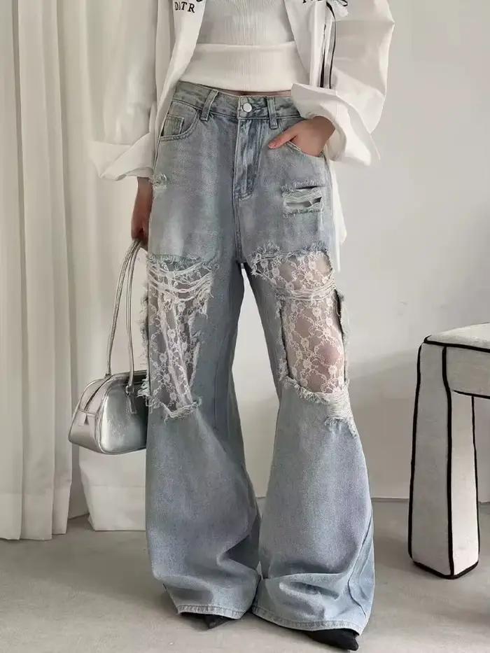DFCF 2026 Nouveau Jean Décontracté Style Américain Tendance avec Découpes et Dentelle pour Femme, Mo