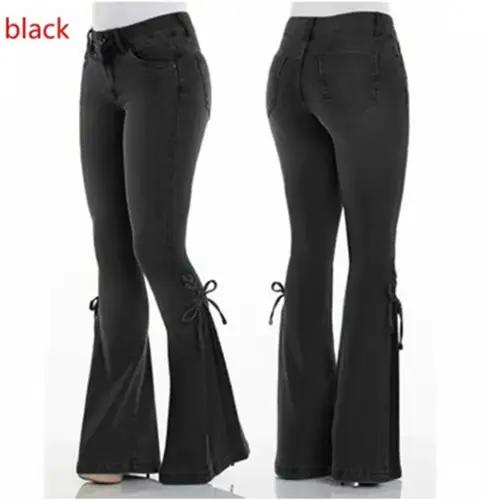 FJLady-Pantalon évasé en denim taille moyenne pour femme, jean à lacets, coupe couvertes, jambes lar