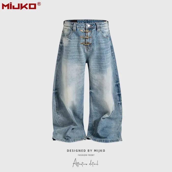 MIJKO Jean unisexe à design silhouette, délavé, vintage, avec fermeture à boutons métalliques, bleu 