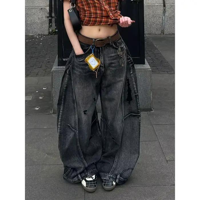 Jean noir femmes Vintage taille haute Cargo jean droit 2025 été décontracté ample grande taille jamb