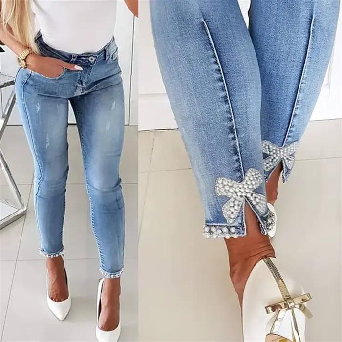 Perles perles jean grande fille taille haute jean extensible mignon nœud mode maigre Denim pantalon 