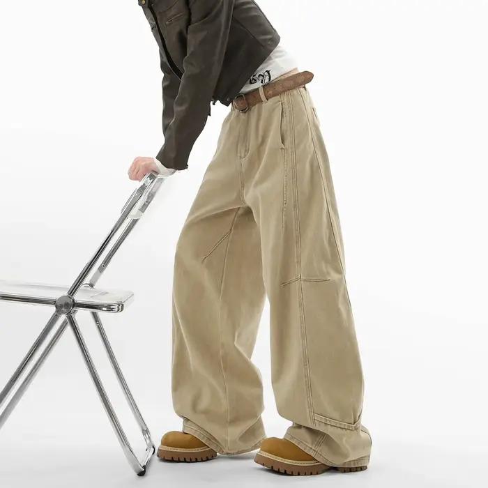 Jean en Denim Beige rétro américain pour femmes, Streetwear Baggy taille haute, pantalon Cargo Vinta