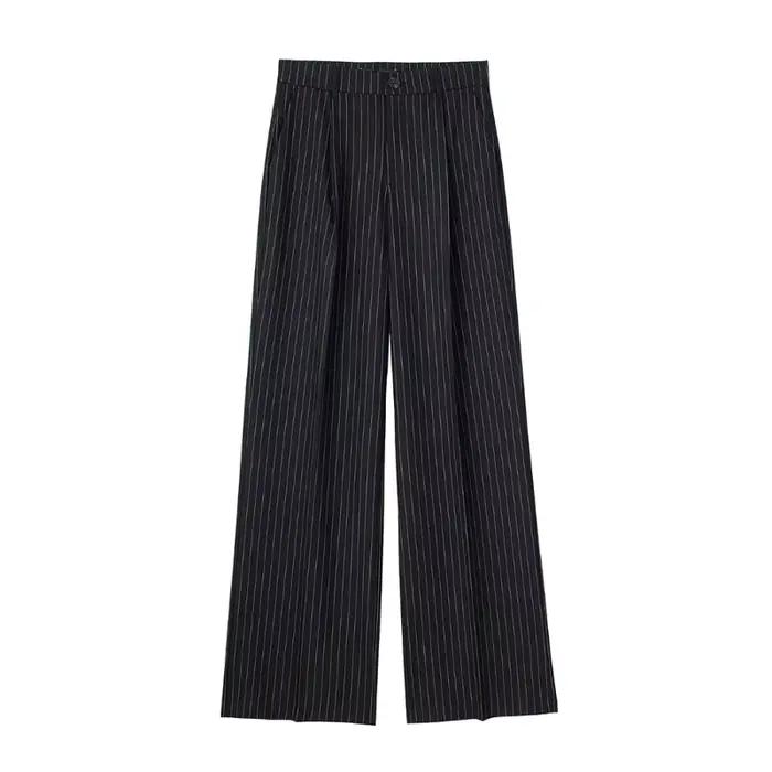 KADUWAKI femmes mode taille haute rayé jambe droite pantalon Vintage fermeture éclair ample couleur 
