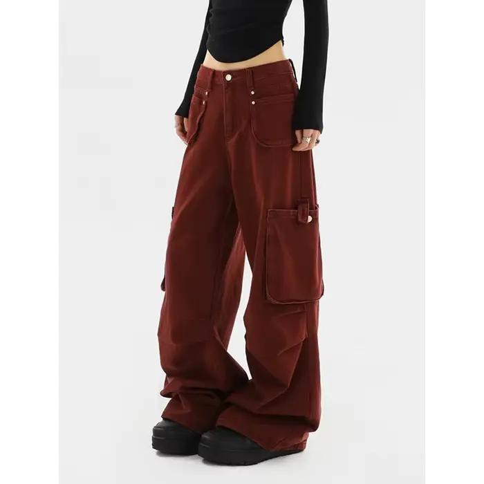 Jean rouge taille haute pour femme, pantalon cargo en denim, jambe large, droit, surintendant, stree