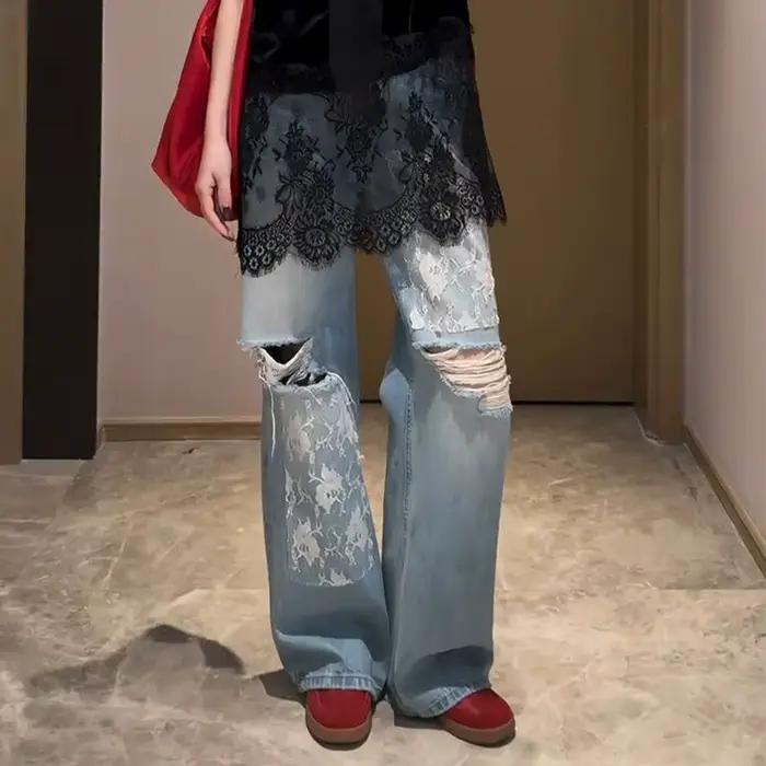Nicemix été américain ample décontracté dentelle Patchwork déchiré jean pour femmes épicé fille rétr