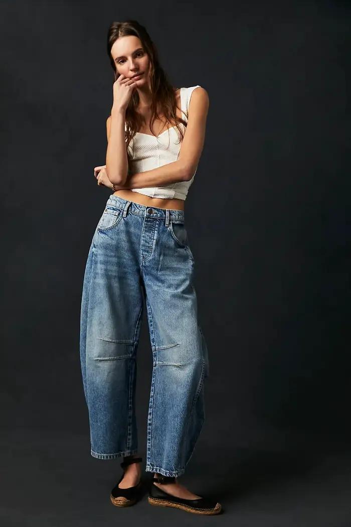 Jean long en denim de coton pour femme, pantalon décontracté taille haute, coupe courte, style bohèm