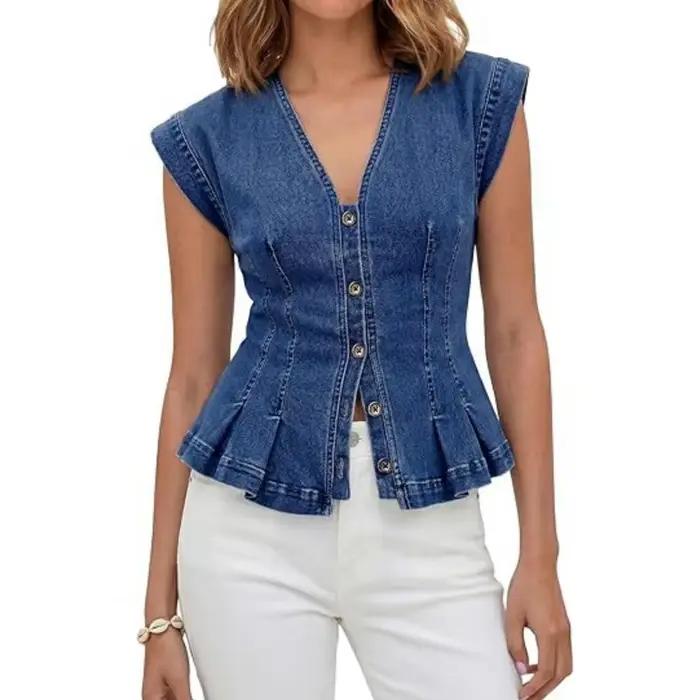 Gilet en jean pour femme à col en V, sans manches, boutonné, avec volants, décontracté d'été, extens