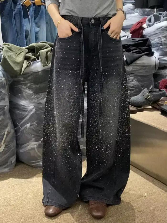 Pantalon en Denim à strass scintillants pour femmes, nouveau Design à jambes larges, sensation au so