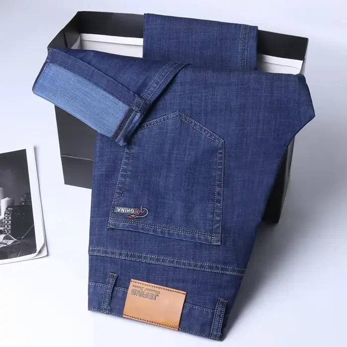 Jean en Denim fin en soie glacée pour hommes, pantalon droit bleu en coton extensible, pantalon lége