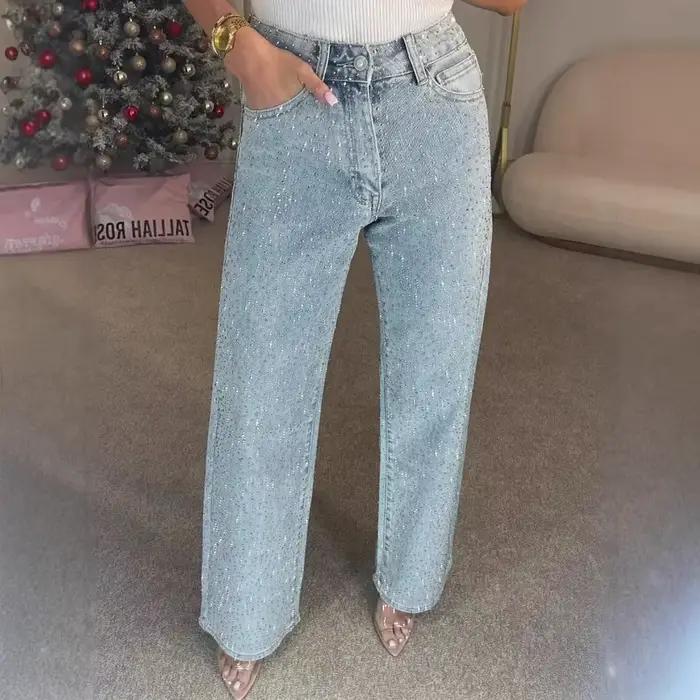 2025 femmes jean droit diamants pantalon Stretch taille haute lavé maman jean Y2k Streetwear pantalo
