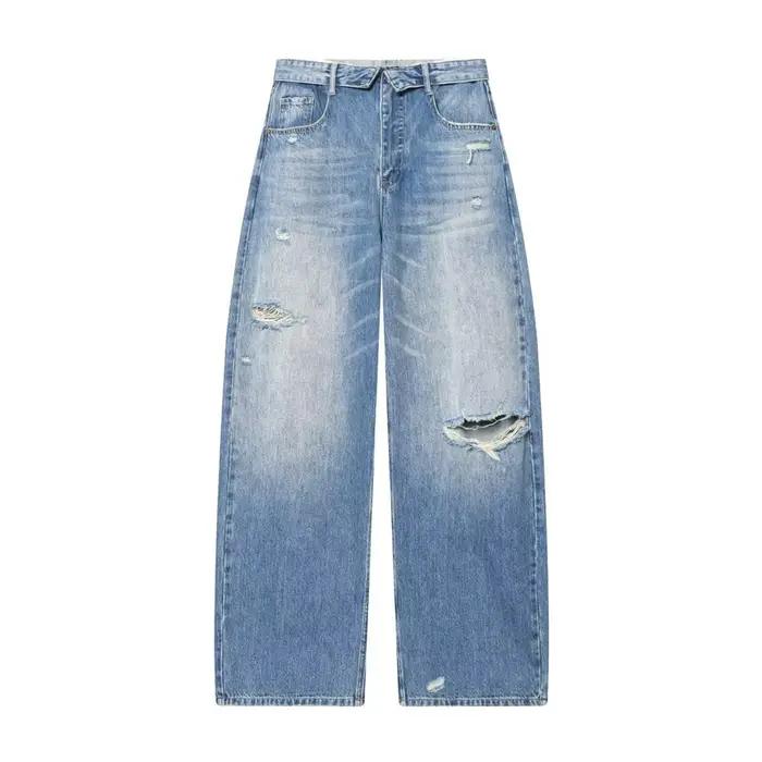 Nouvelles collections 2026 : Jean décontracté français pour femme avec détails perforés et taille mi
