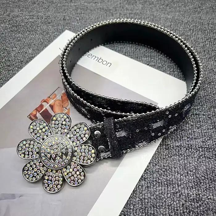 Ceintures en Jean à rivets en tissu Denim pour femmes, Design Unique, bleu, strass, fleur, boucle, p