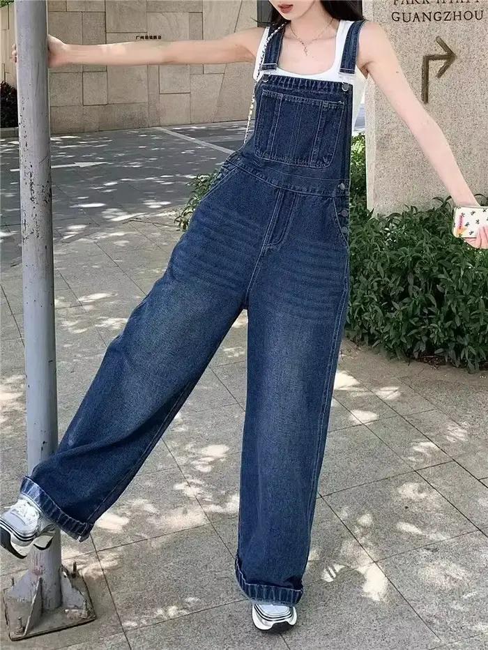 Salopette en jean anti-âge pour femme, taille haute, coupe droite, jambe large, style coréen, salope