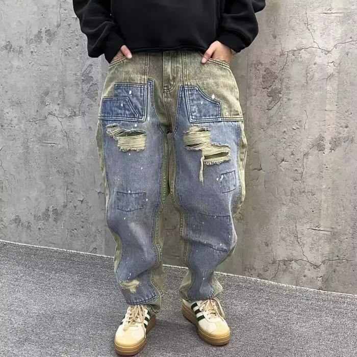 Trashy Y2K 2000S vert bleu Patchwork déchiré jean conique pantalon pour hommes 90S Vintage vêtements