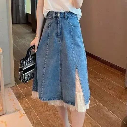 Femme jupe en jean dentelle Patchwork taille haute épissage jean jupes pour femmes esthétique qualit