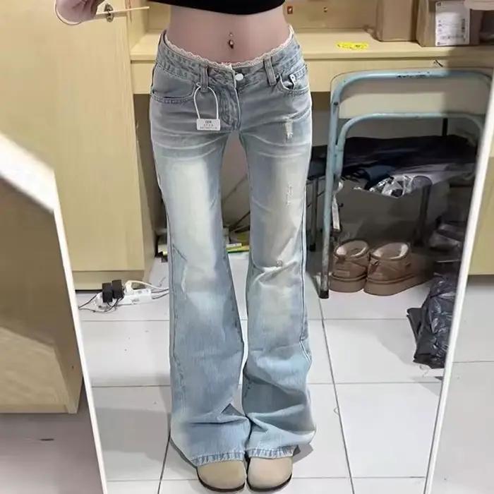Jean évasé délavé pour femme, grande taille, avec dentelle, taille basse, coupe slim, longueur au so