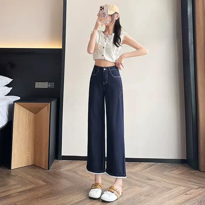 Jean ample en dentelle fine à jambe large pour femme, nouvelle collection printemps-été 2026, taille