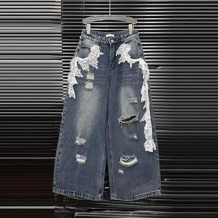 KUCLUT – jean en dentelle pour femmes, nouveau design unique, déchiré, droit, à jambes larges, tenda