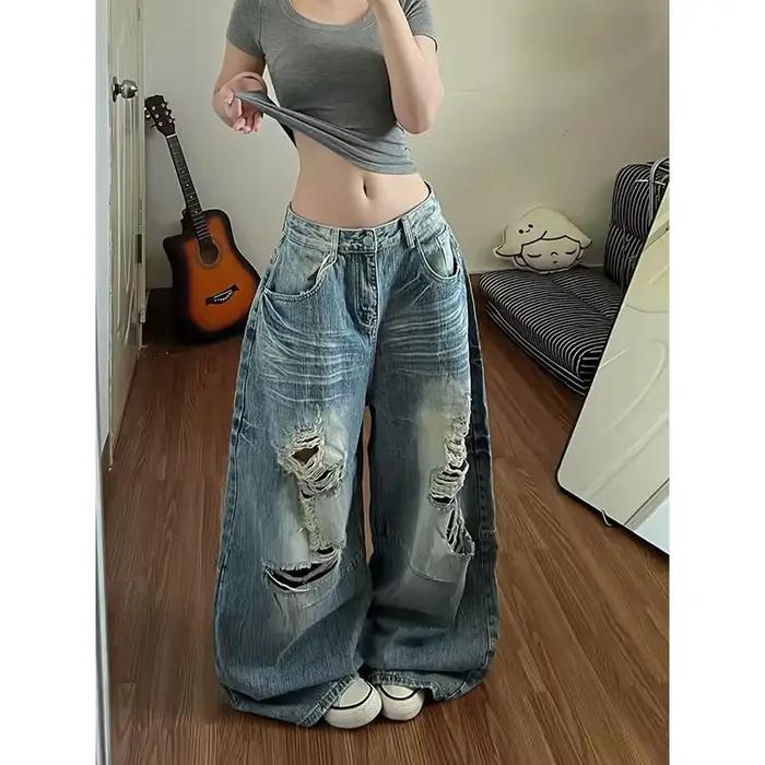 YIBASHU Jean déchiré bleu vintage pour femme, taille haute, coupe large, style Harajuku Hiphop Grung