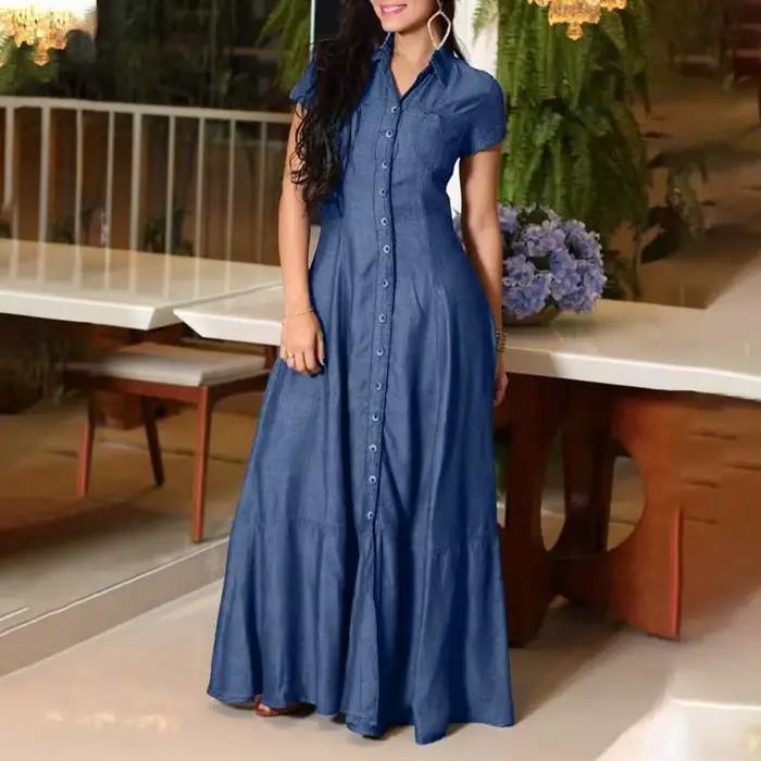Robe trapèze en denim taille haute pour femme avec ourlet à volants, poches plaquées, robe longue él