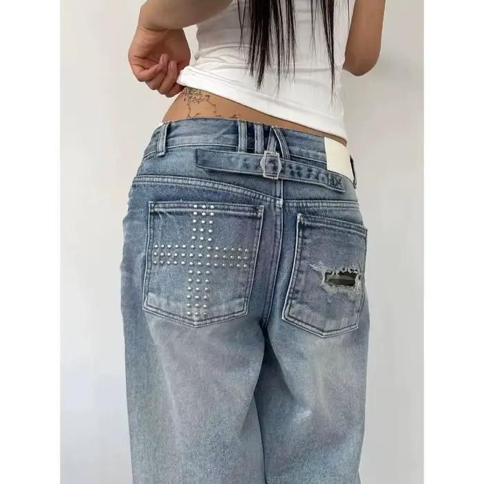 Jean d'été pour femme délavé, effet vieilli, avec strass, style vintage américain Y2K, coupe droite 