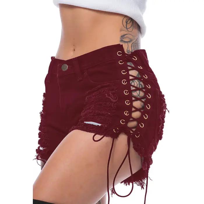 Sexy déchiré gland Jean Streetwear taille haute droit Denim Shorts 2025 été nouvelles femmes à lacet
