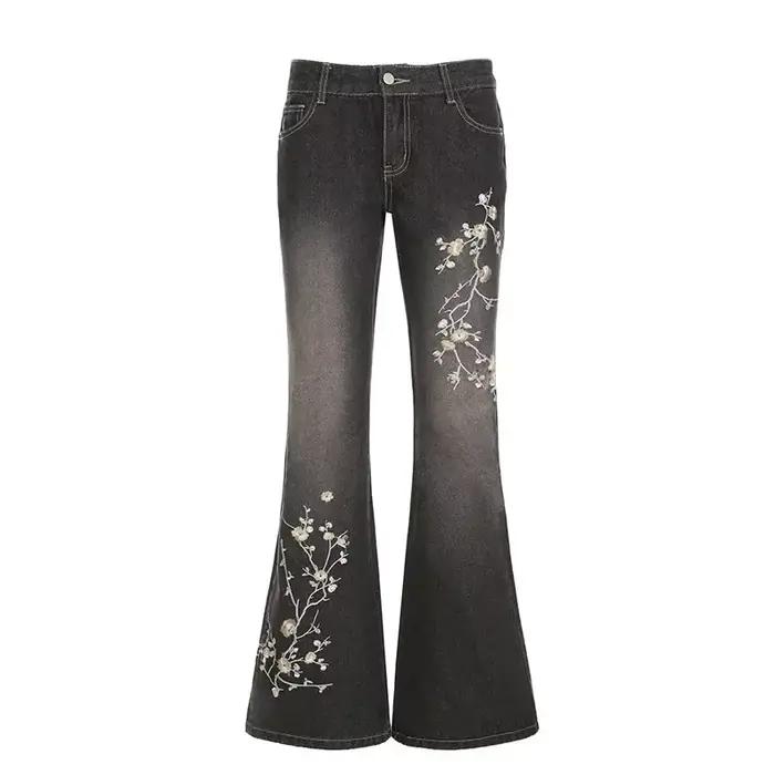 Jean évasé taille basse pour femmes, broderie florale, Vintage des années 2000, rétro y2k, Baggy, pa